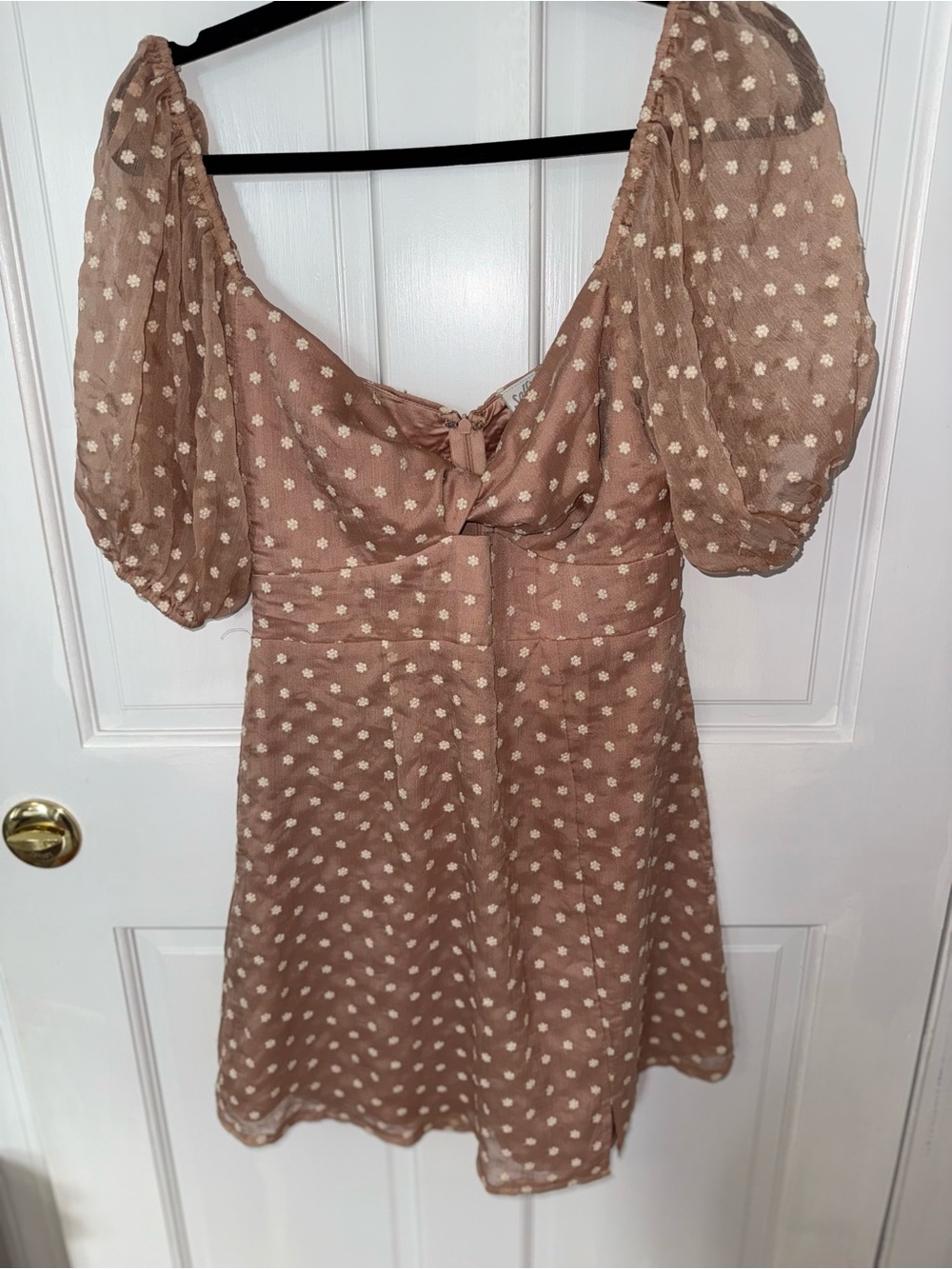 Selfie Leslie Beige Polka Dot Puff Sleeve Mini Dress